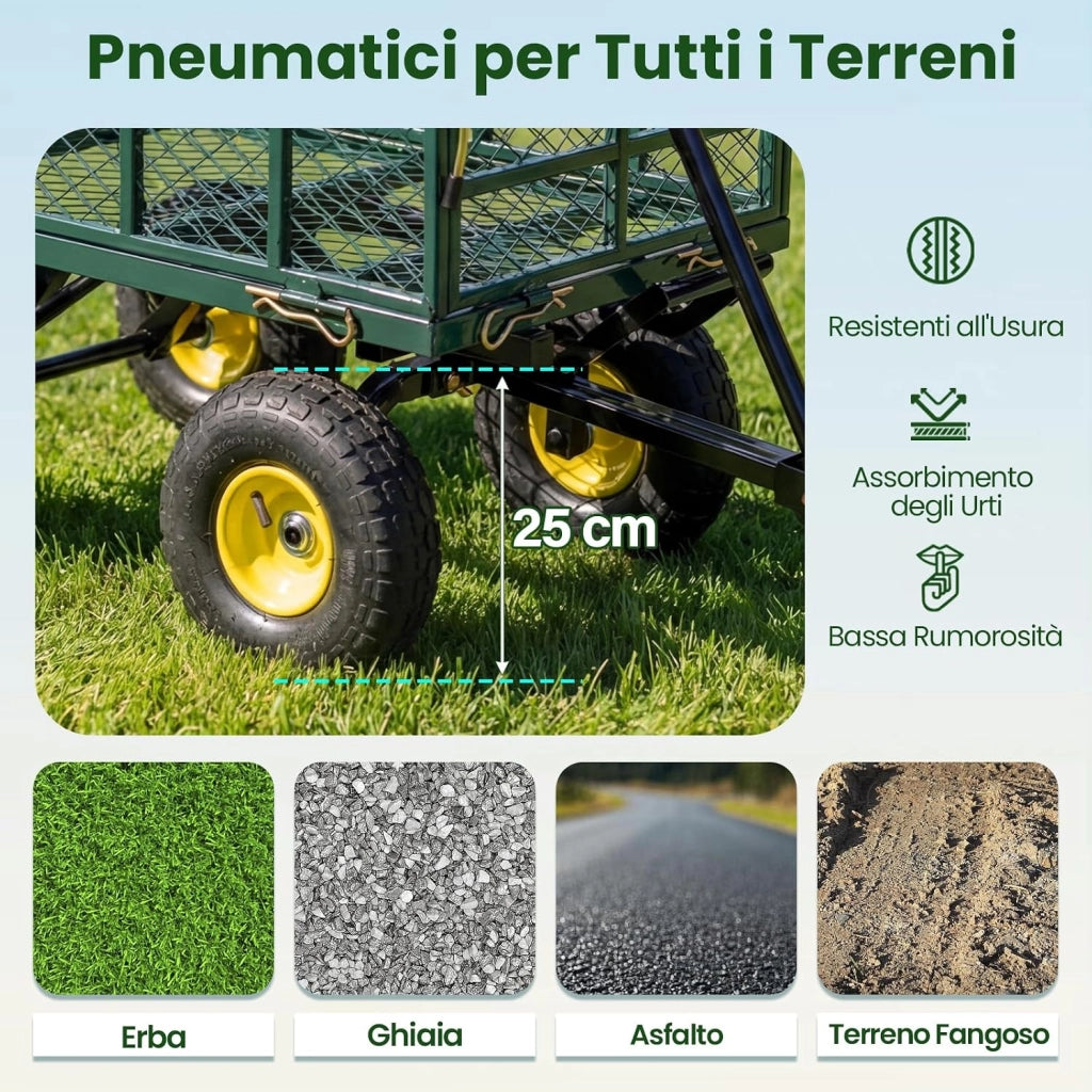 Carrello da Giardino in Metallo, Carretto a Mano con 4 Ruote Pneumatiche, Sponde Rete Rimovibili, Borsa Portaoggetti e Manico Regolabile, Portata 410 kg, per Giardinaggio, Trasporto e Fattoria