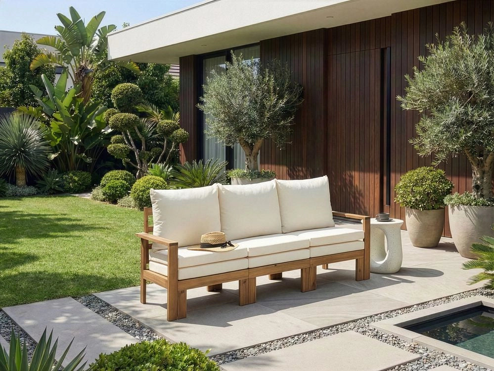 Panca da giardino in legno d'acacia 190 cm trasformabile per esterni con cuscini beige chiaro stile moderno