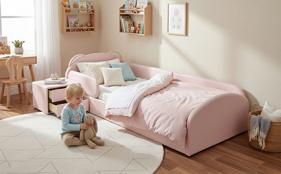 Letto per bambini 90 × 200 cm con testiera a forma di orso, comodino con 2 cassetti, senza materasso, rosa
