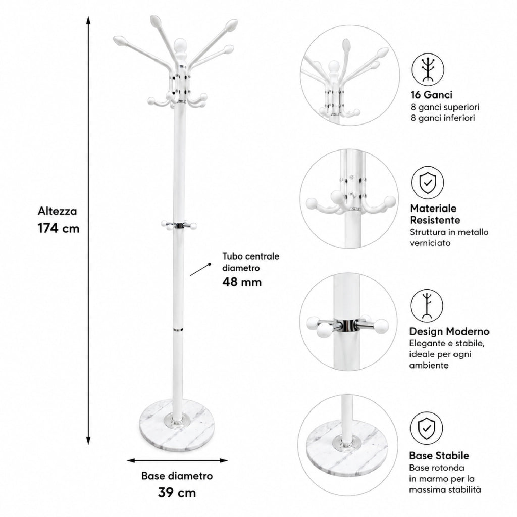 Appendiabiti in Metallo con Base in Pietra Bianco 174 cm Moderno con 16 Ganci