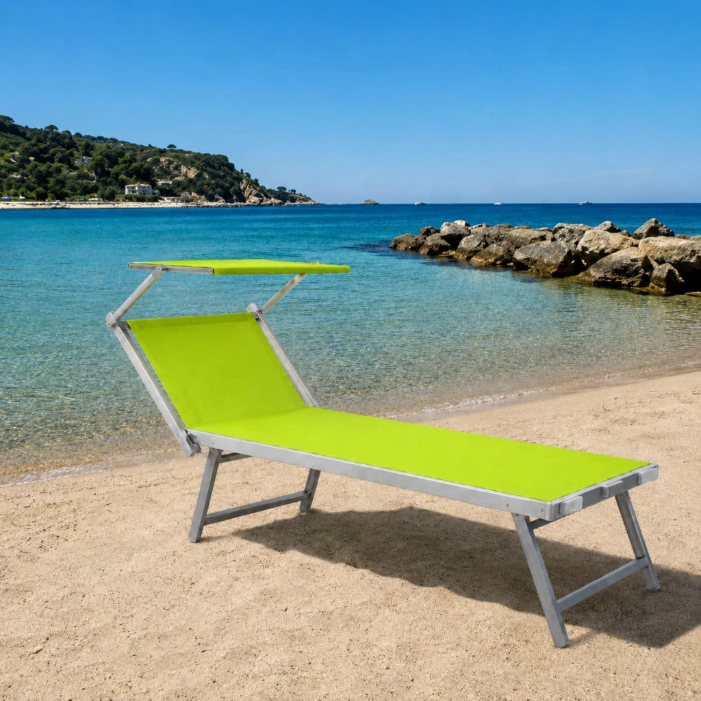 Lettino Sdraio Prendisole Professionale Richiudibile In Alluminio E Textilene con Tettino Parasole Orientabile Lettino Relax Mare Spiaggia Piscina Giardino Solarium 182 x 60 x 38 Cm Verde Fluo