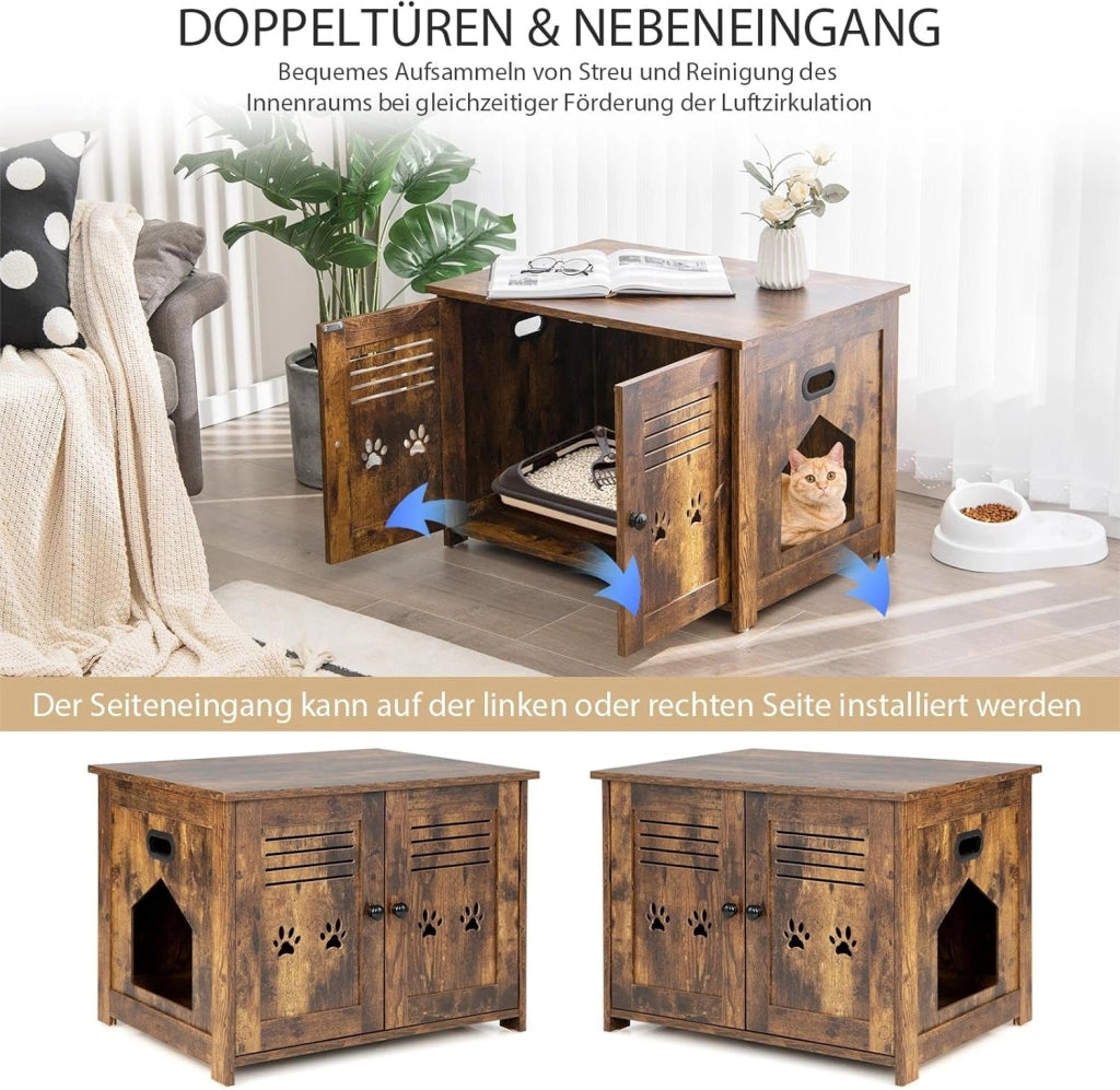 Lettiera per gatti con ante magnetiche e ingresso, 3 in 1, armadietto per gatti e tavolino, cassettiera con maniglia, 70 x 51,5 x 50,5 cm, marrone vintage
