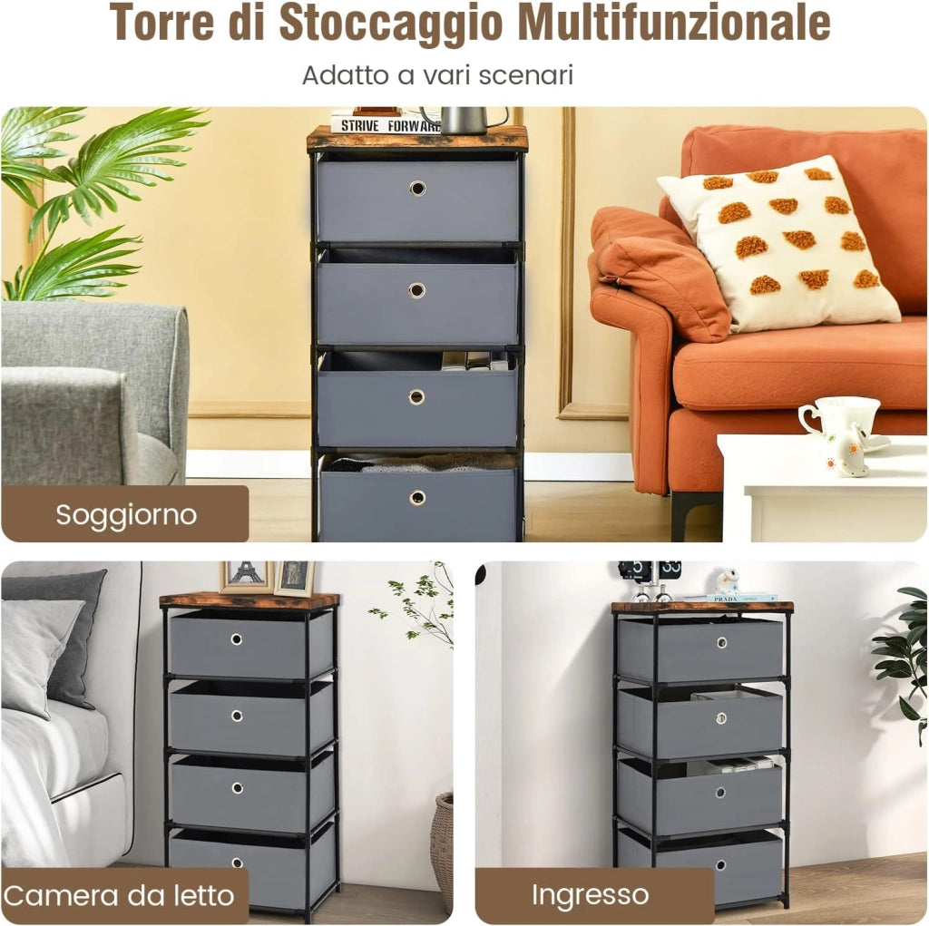 Cassettiera in Tessuto, Mobile con 4 Cassetti e Struttura Robusta in Metallo, Mobiletto Salvaspazio per Camera da Letto, Corridoio, Ingresso e Armadio, 42 x 33,5 x 84,5 cm (Grigio)