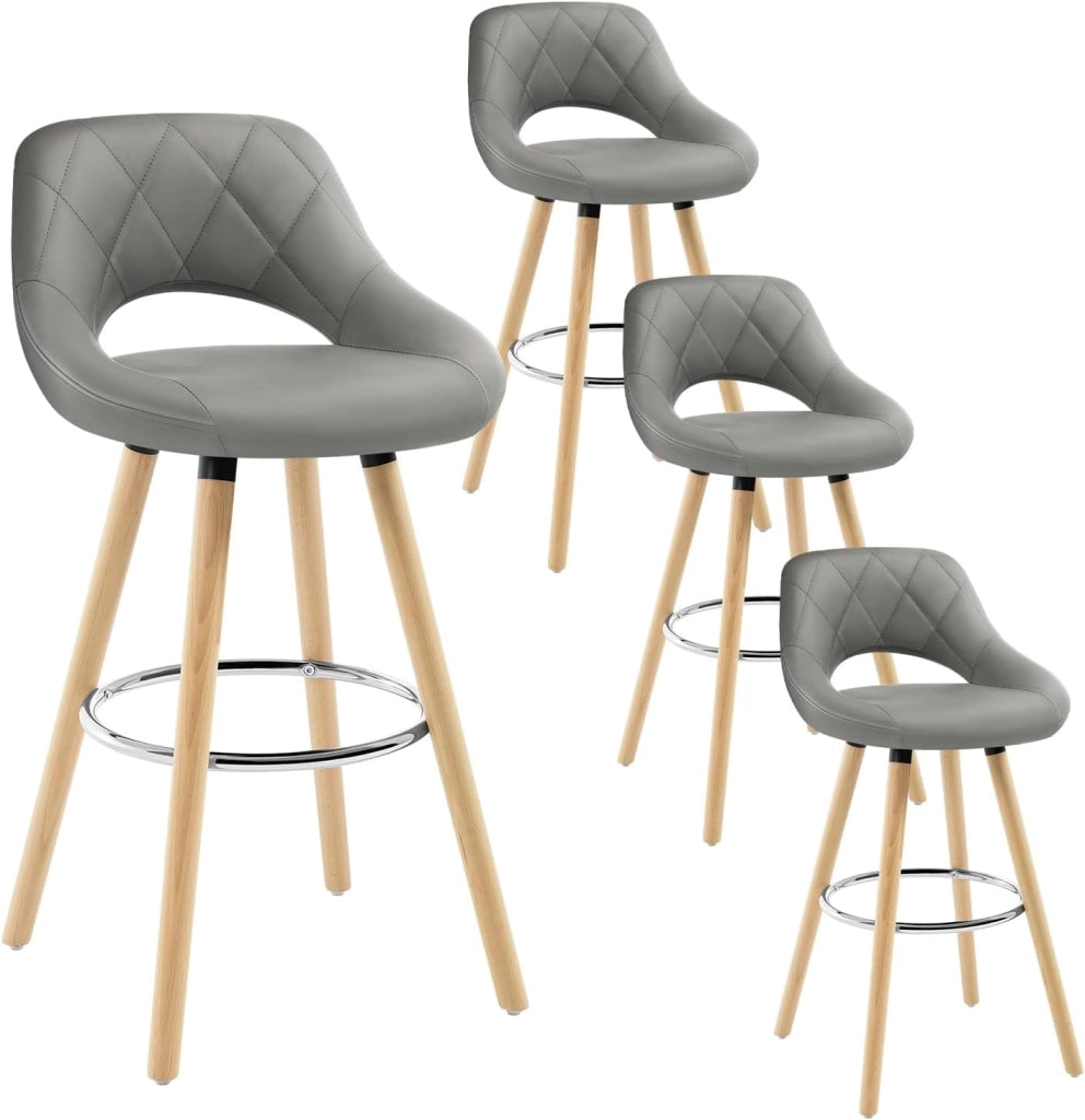 Sgabelli da Cucina Set di 4, Sgabello da Bar per Colazione, Sgabelli Alti con Poggiapiedi e Schienale, Sedile in Pelle Sintetica+Gambe in Legno, Grigio, BH111gr-4