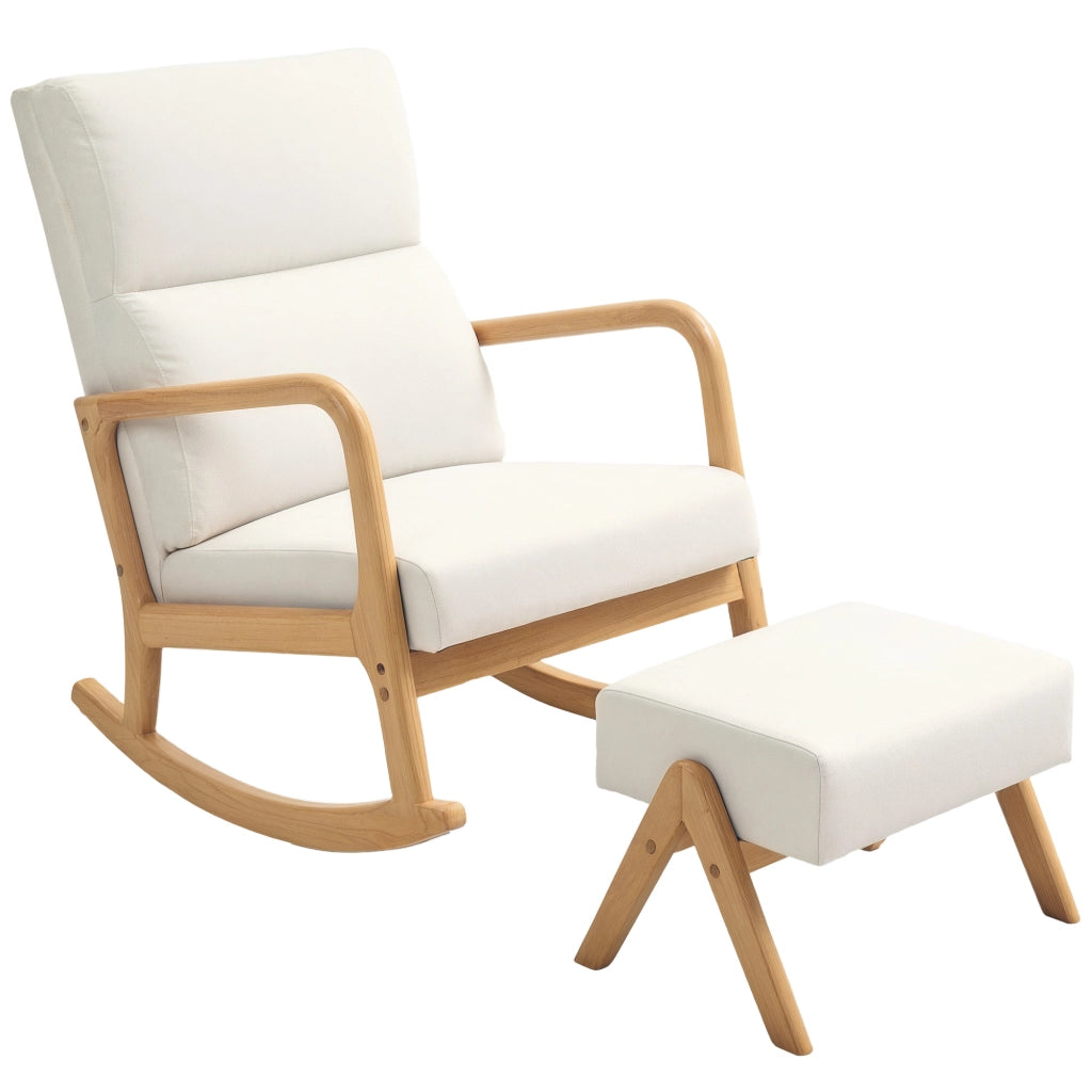 Poltrona Dondolo con Pouf ¨C Zephmum ¨C Tessuto Boucl¨¦, Legno, Cremewei?