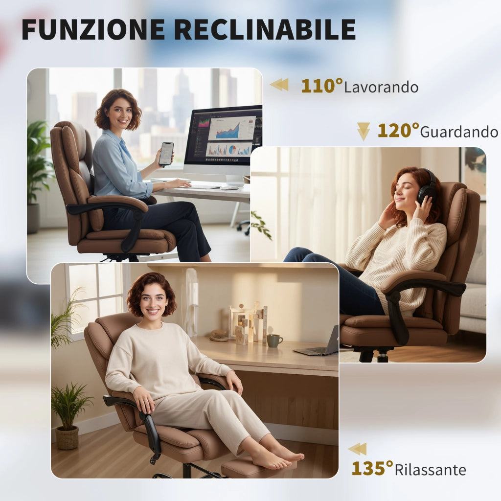 Sedia da Ufficio Reclinabile 65x67x111-119 cm con Poggiapiedi e Rotelle in Finta Pelle Marrone