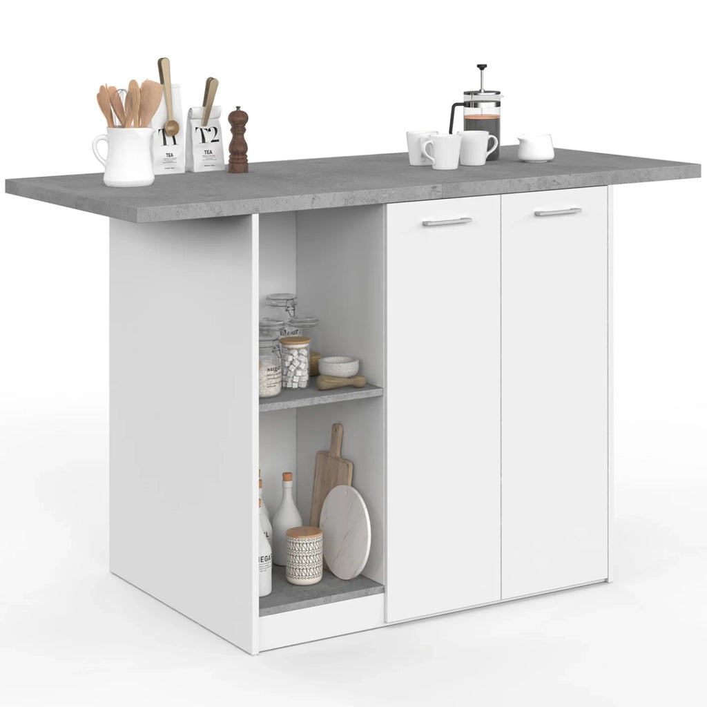 IDMarket - BAO 140 cm 4 persone isola centrale in legno bianco con piano di lavoro effetto cemento