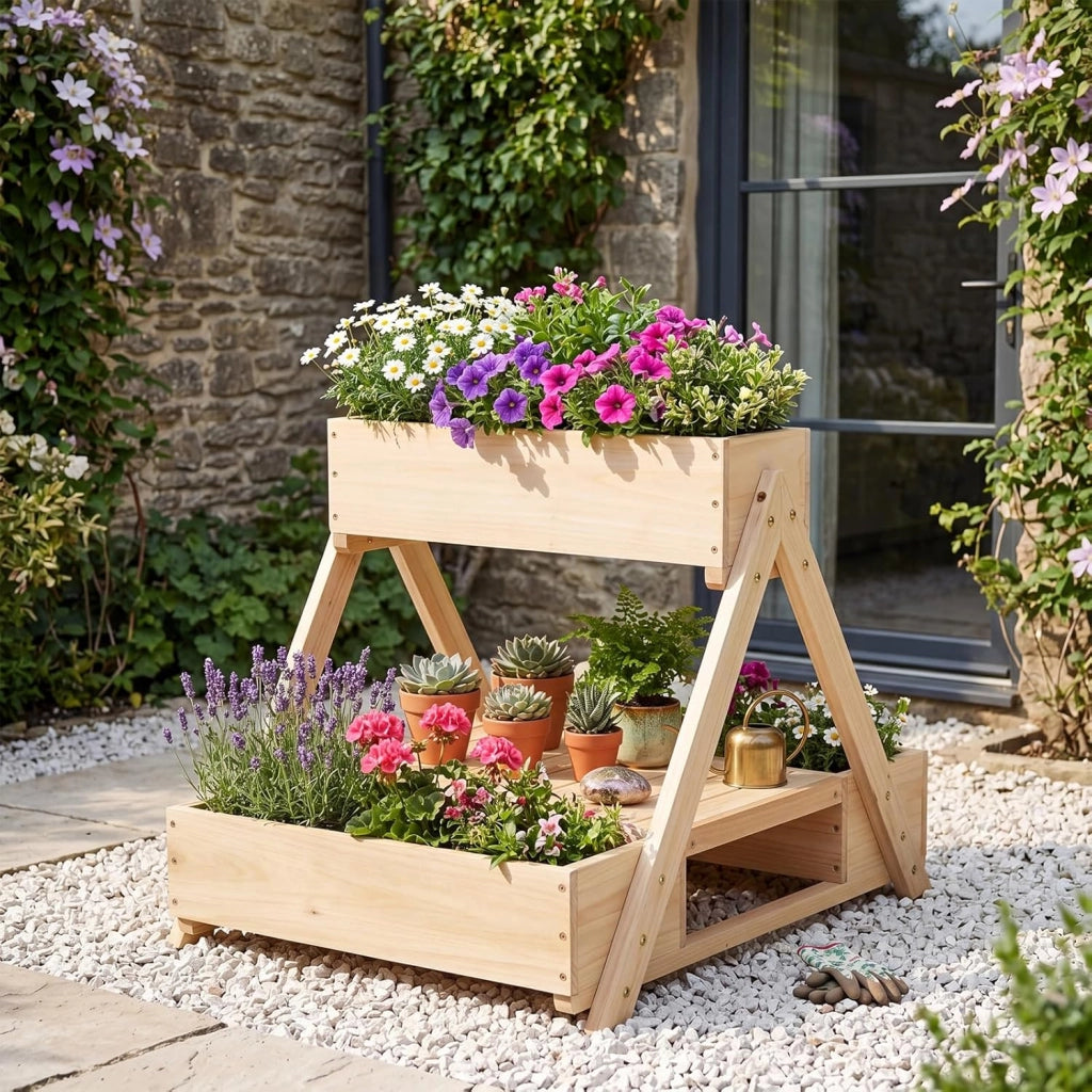 Fioriera Rialzata in Legno, Orto Rialzato da Giardino con 3 Vasi, Ripiano Aperto e Fori di Drenaggio, Fioriere Verticali da Esterno a Forma di A per Cortile e Balcone, 66 x 58 x 60 cm
