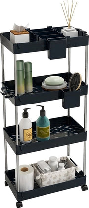 Carrello cucina con 4 livelli, mensola cucina, mensola a nicchia su ruote, mensola bagno, carrello di stoccaggio per cucina e bagno, con 4 ganci + 2 contenitori + distribuzioni di cesta