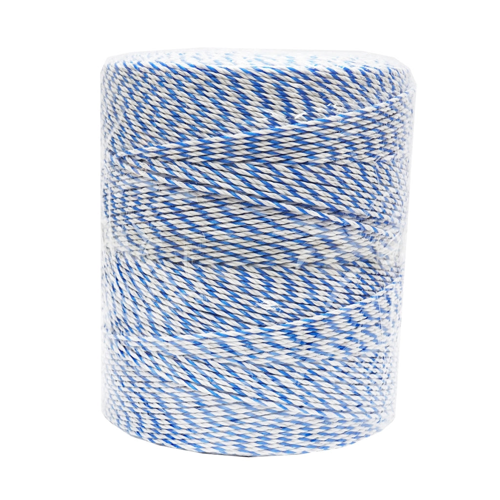 Filo bianco-blu, diametro 3 mm, inserto metallico 3x0.2 mm SS, resistenza 7.8 Ohm/m, 1000 m per recinzione elettrica, Thor