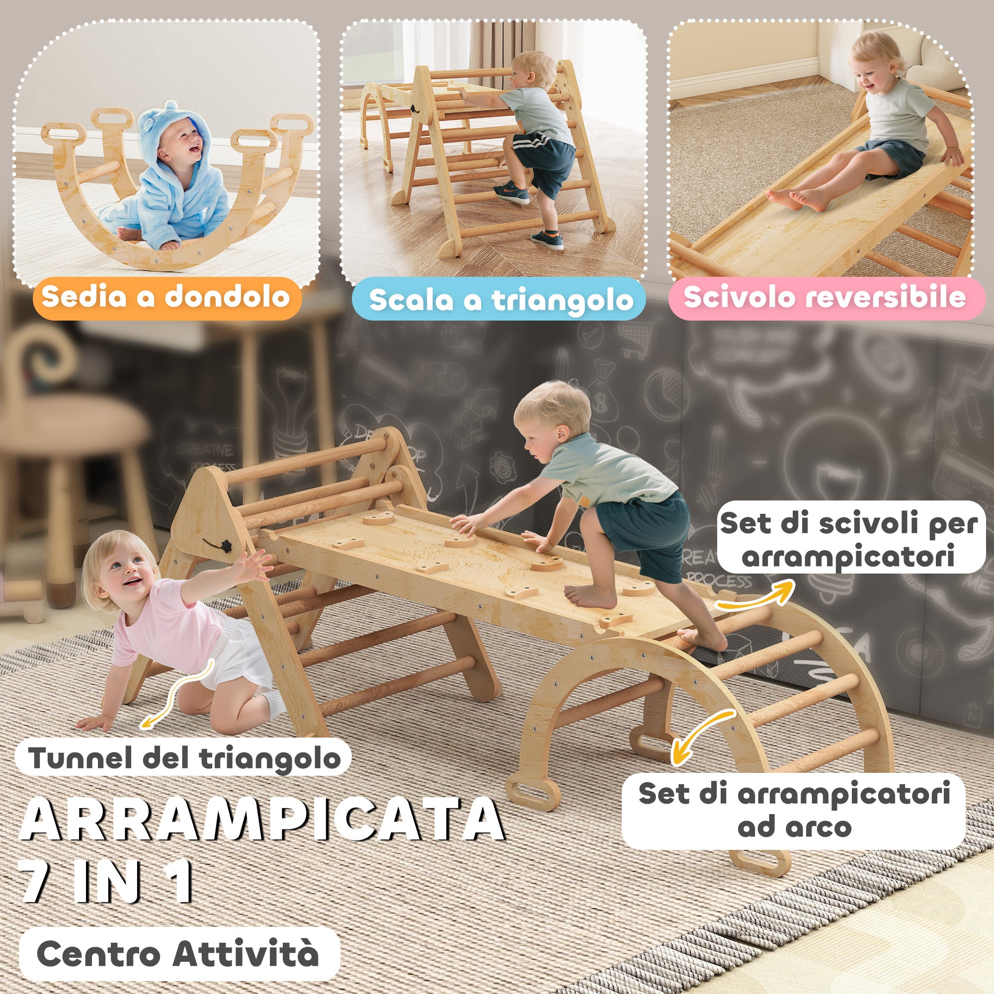 Gioco per Bambini 5 in 1 con Triangolo Parete Liscia e Arco 188x70x59 cm in Legno di Pioppo e Pino