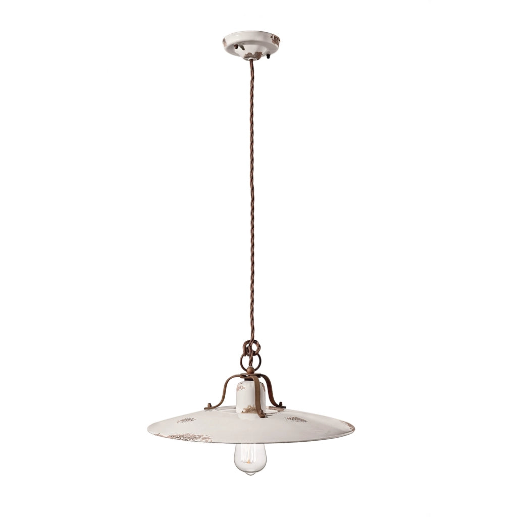 Lampadario Vintage Country Ferro E Ceramica Bianco 1 Luce E27