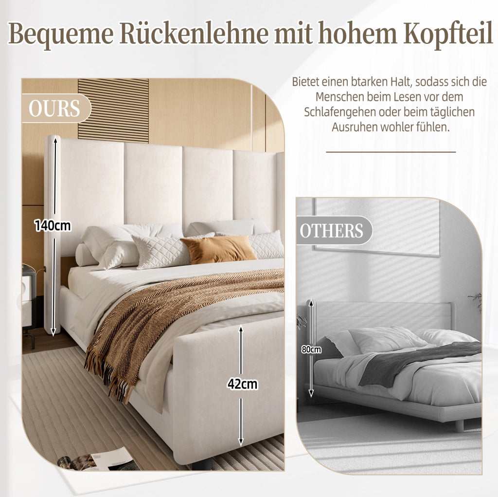 Letto imbottito 140x200 cm con testiera alta e porte USB/Type-C; rivestimento in velluto beige