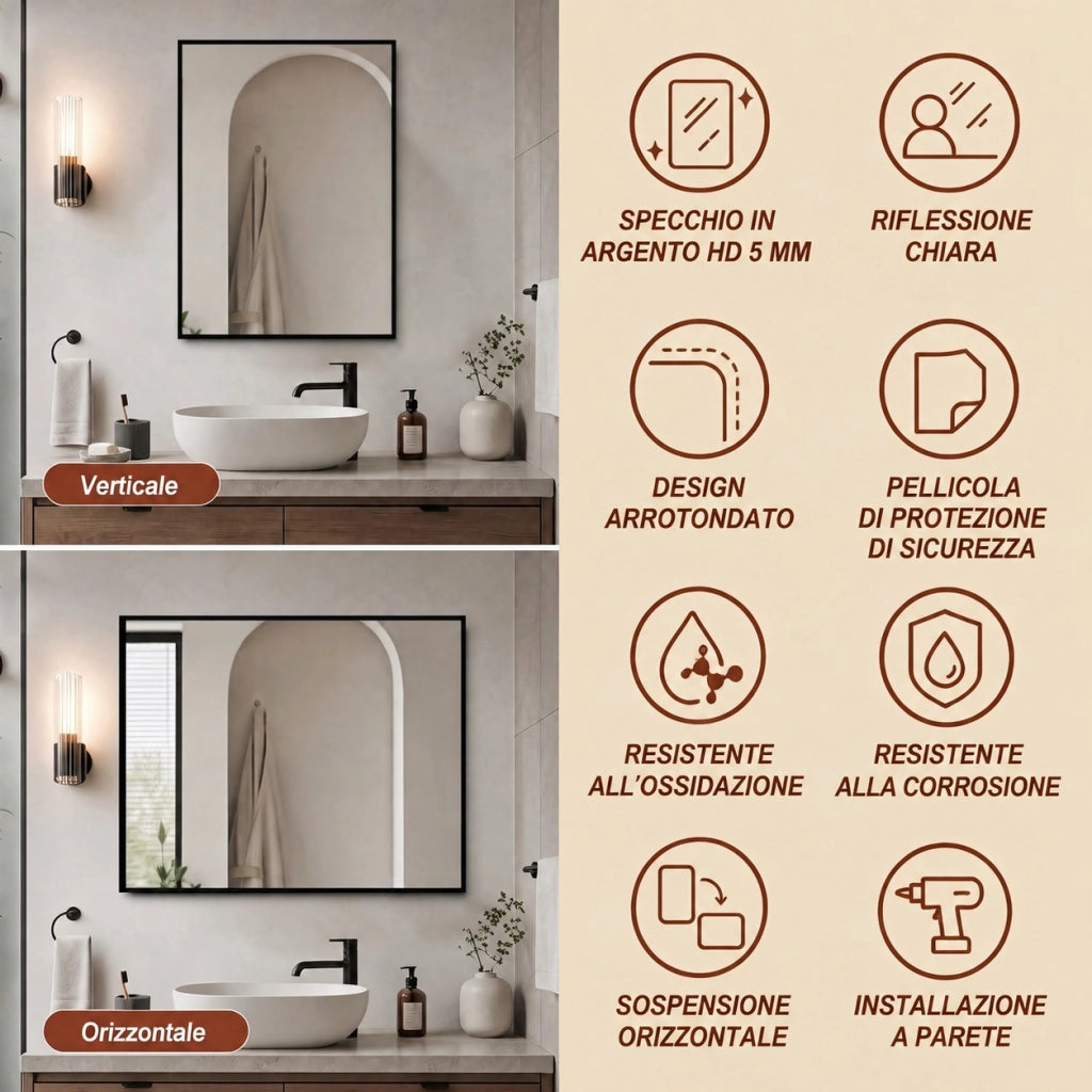 Specchio bagno 60x80 cornice in alluminio nero specchio da parete hd
