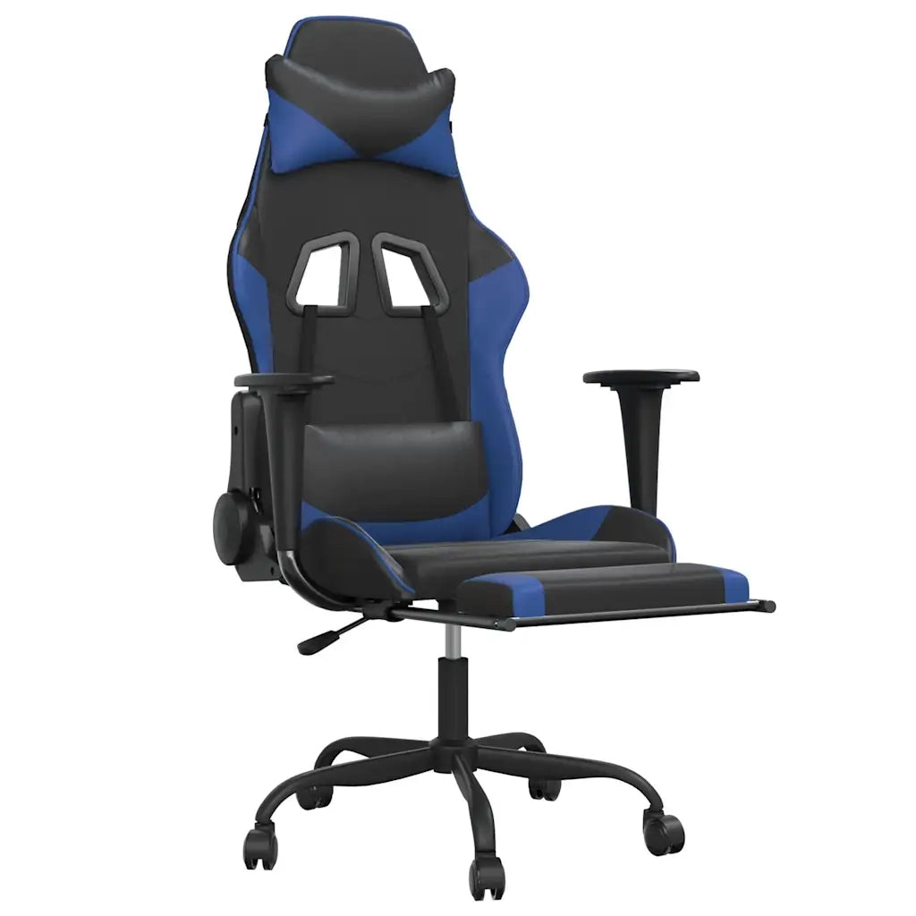 Sedia da Gaming | Sedia da e-sports Massaggiante Poggiapiedi Nero e Blu Similpelle