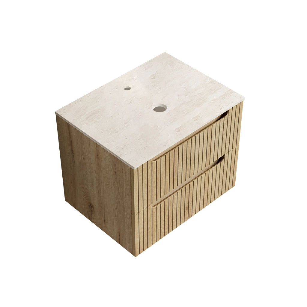 Mobile sottolavabo con piano in pietra sinterizzata, per bagno, 69x55x61 cm, rovere chiaro