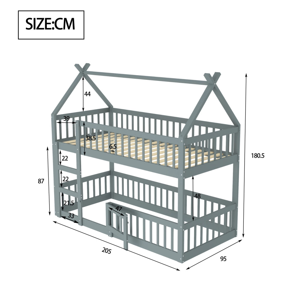 OKWISH Letto a Castello 90×200 cm, Letto Singolo con Scala, Sponde Alte e Porta Apribile, senza Materasso, in Legno, Grigio