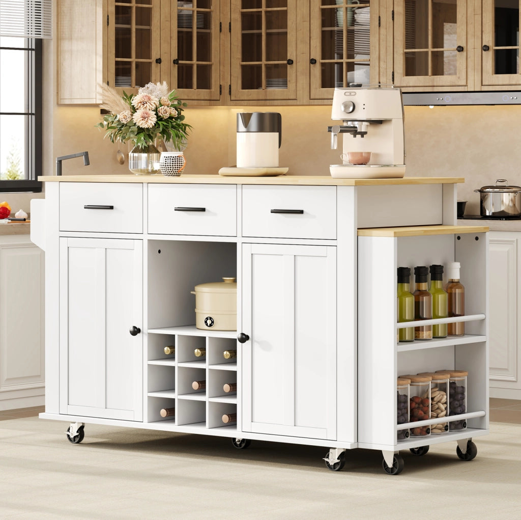 Isola cucina mobile con piano estensibile, prese USB e 7 ruote