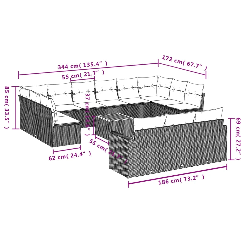 Set Divani da Giardino 14pz con Cuscini in Polyrattan Beige