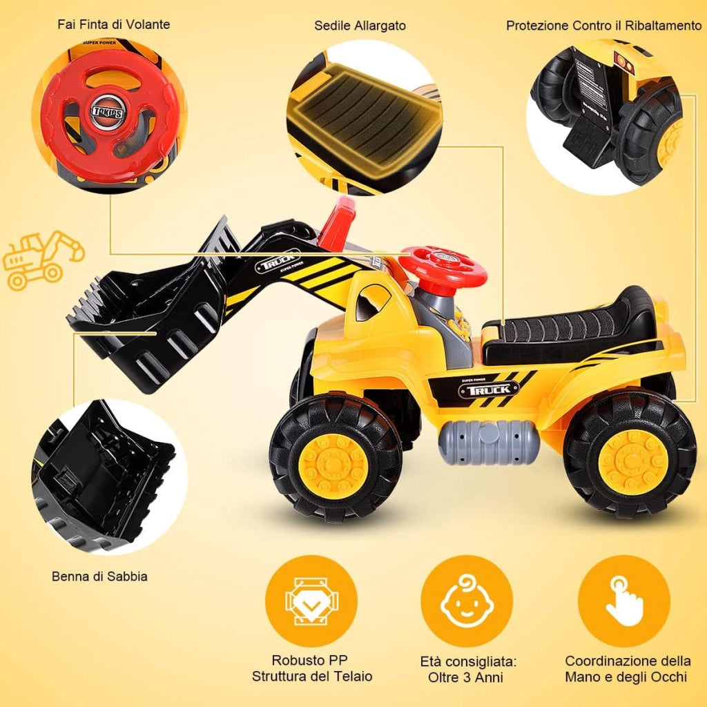 Escavatore Giocattolo Cavalcabile, Ruspa Elettrica Multifunzione con Suoni Realistici, Funzione Avanti e Dietro, Regalo per Bambini 3 Anni +, 85 x 45 x 30 cm