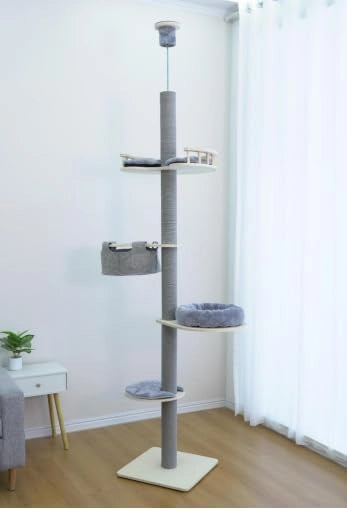 Albero per Gatti da Pavimento a Soffitto con Altezza Regolabile 236-271 cm, Torre in Legno a 5 Livelli con Ripiano, Letto Peluche, Amaca e Pali Tiragraffi, Mobile per Gatti da Interno