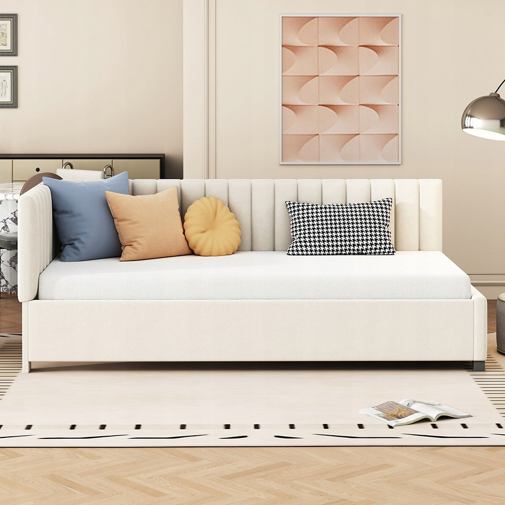 Letto imbottito 90x200 cm - Xylo - Velluto marrone chiaro con struttura a doghe