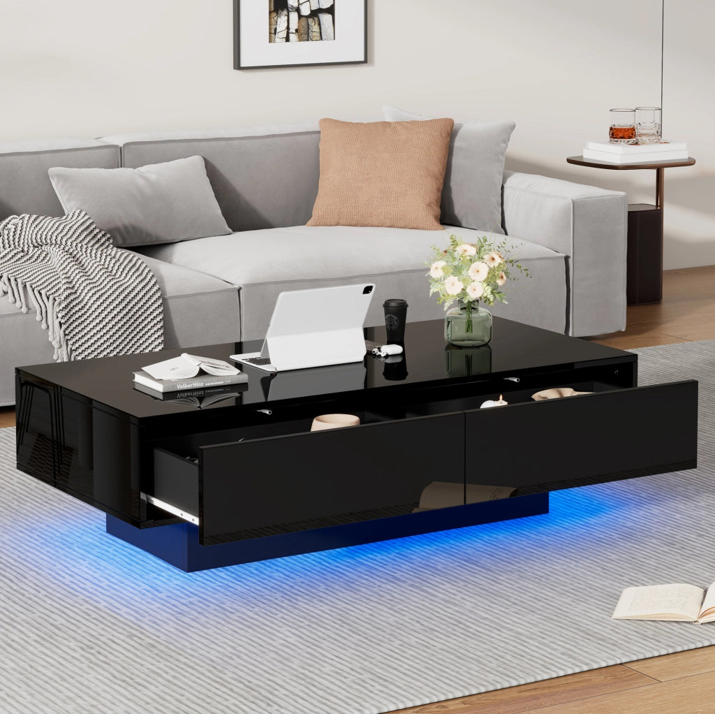 Tavolino da caffè nero lucido con LED e 2 cassetti, 115 x 55 x 34 cm