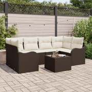 Set Divano da Giardino di 7 Pezzi  con Cuscini Marrone Polyrattan