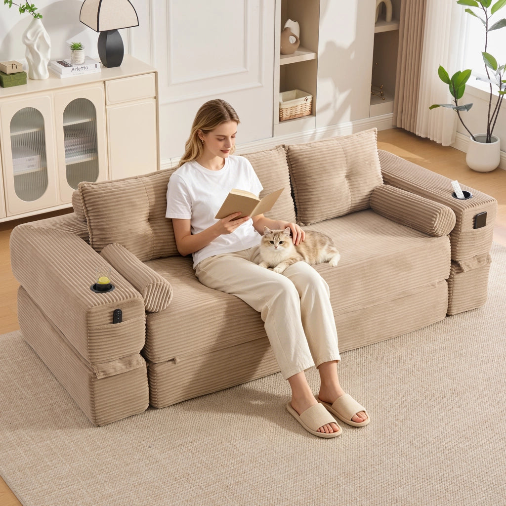 Divano Letto 3 Posti Pieghevole con Cuscini e Portabicchieri ¨C MINIMAL ¨C Tessuto a Coste