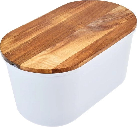 Contenitore per Pane Spaziale - Cassetto di Stoccaggio Spaziale - Contenitore per Pane con Coperchio e Lame di Taglio in Legno di Acacia - Bianco - 1 kg di pane - 37 cm x 22 cm x 17 cm