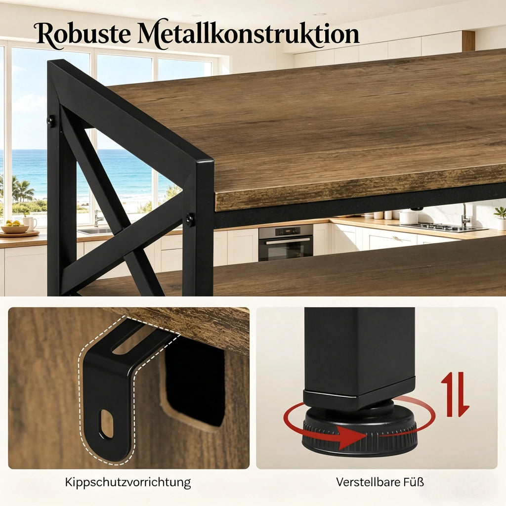 Credenza e madia con vano aperto e 2 ante, per cucina e soggiorno, in legno e metallo, marrone, 110 × 33 × 75 cm