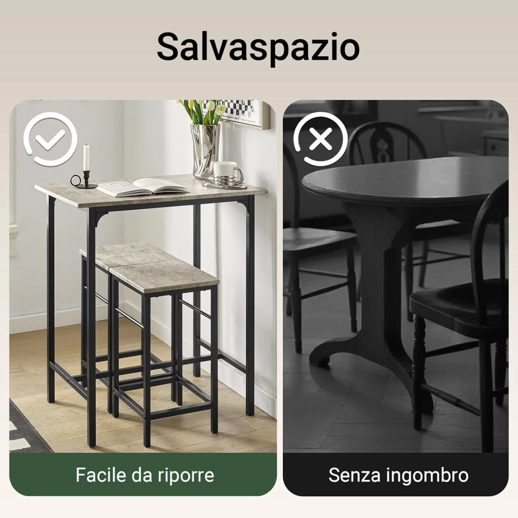 Set Tavolo da Bar Alto con 2 Sgabelli - Tavolo Salvaspazio per Cucina Piccola e Balcone, Stile Industriale Moderno - Tavolino Alto da Esterno per Giardino o Terrazzo OGT10-HG