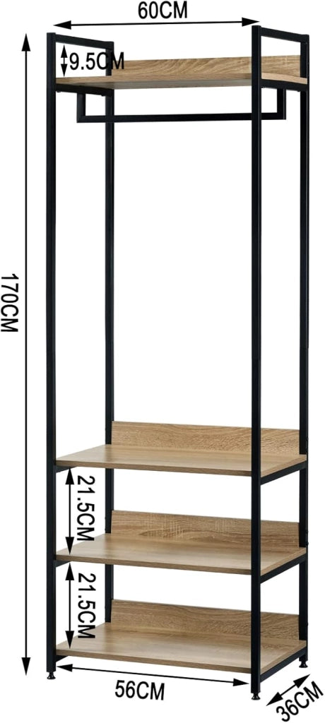 Stand Appendiabiti con Ripiani Attaccapanni per Cameretta Guardaroba con Scarpiera Scaffale Porta Abiti in Legno e Acciaio 60x40x170 cm