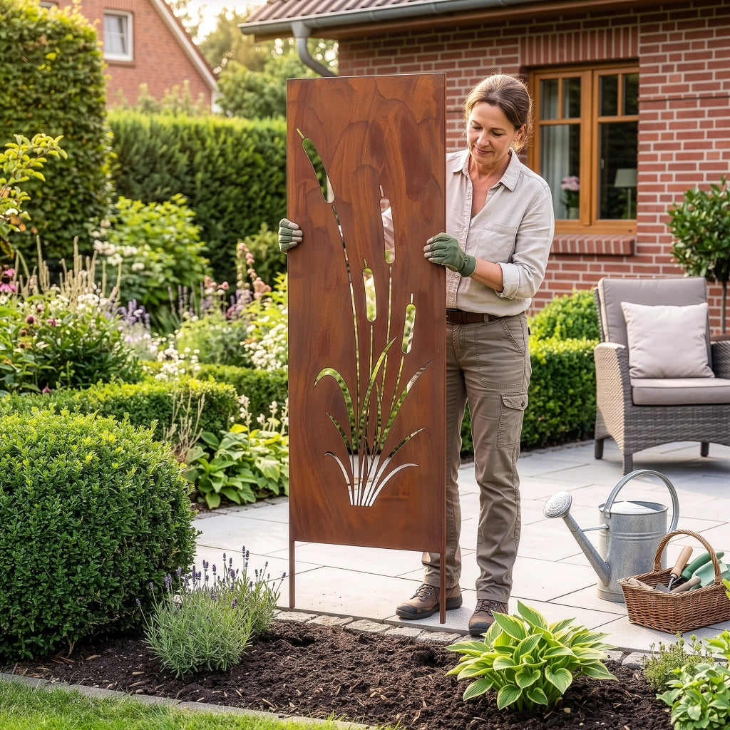 Set di 2 Pannelli Divisori Irsina Frangivista con Motivo Canne 160x50 cm Acciaio Corten - Marrone Ossidato casa.pro