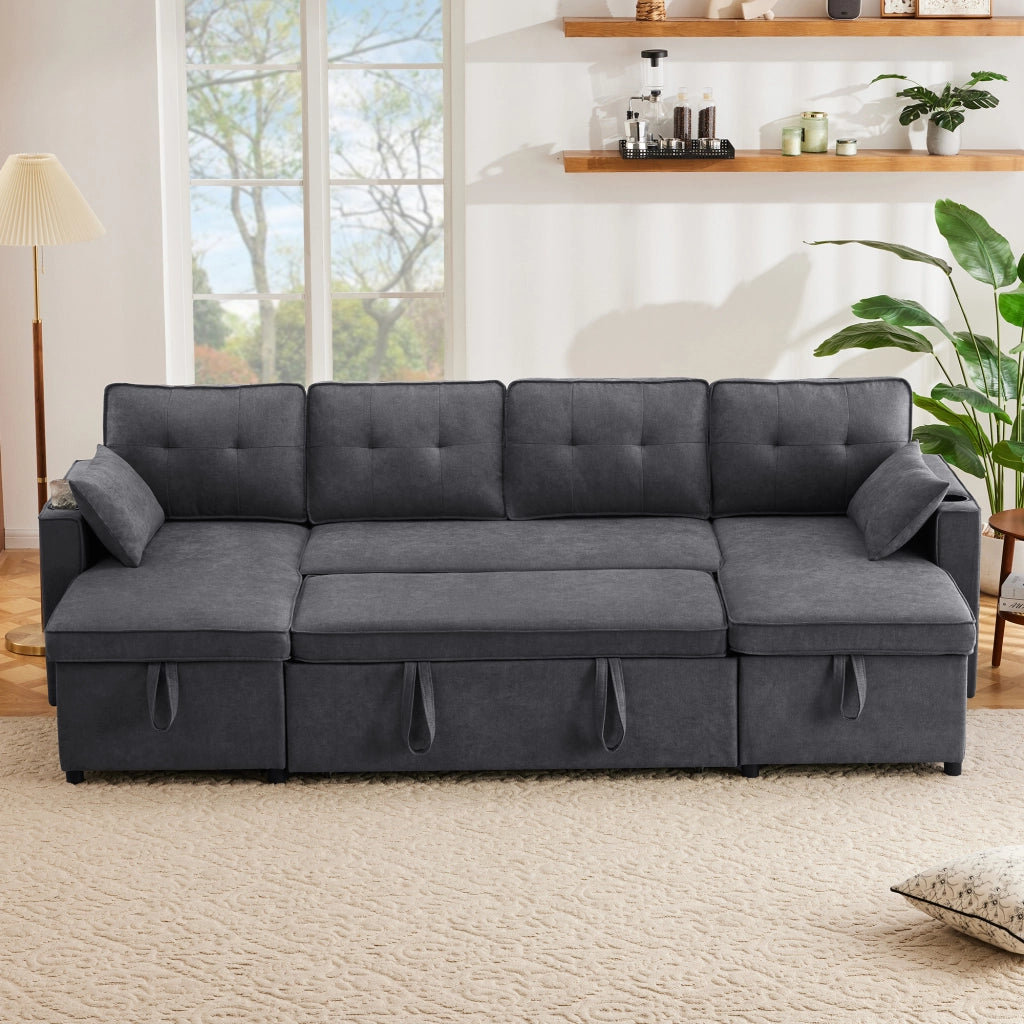 Divano Letto Panoramico A U 4-5 Posti con Vani Contenitore; Portabicchieri e Tasche Laterali in Cotone Lino Grigio