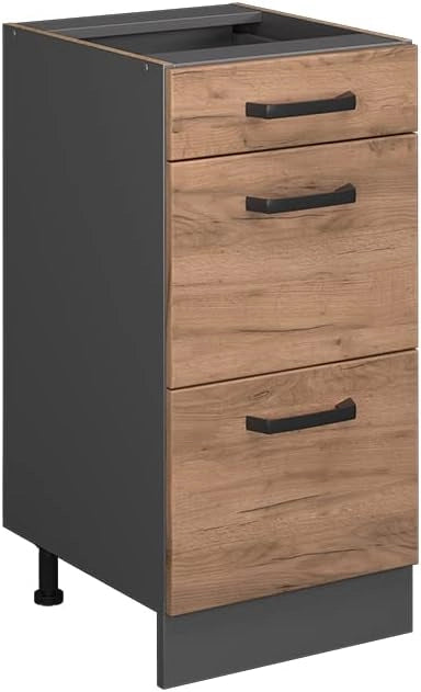 Mobiletto base per cucina R-Line, Quercia dorata, 40 cm con cassetti, senza piano di lavoro, per la libera combinazione all'interno di sistemi cucina modulari