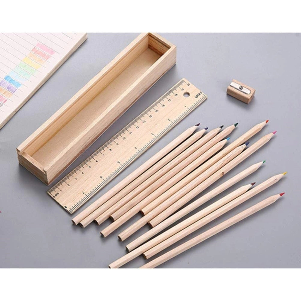 Trade Shop - Astuccio In Legno Con 12 Pastelli Colorati Temperino Righello Riga Portapastelli -