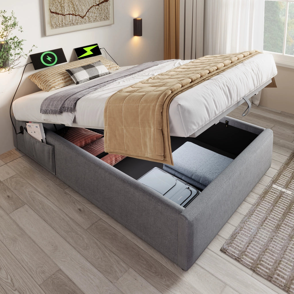 OKWISH Letto Contenitore 90×190 cm, Letto Singolo con USB, Type C e Tasca Laterale, senza Materasso, in Lino Cotone, Grigio