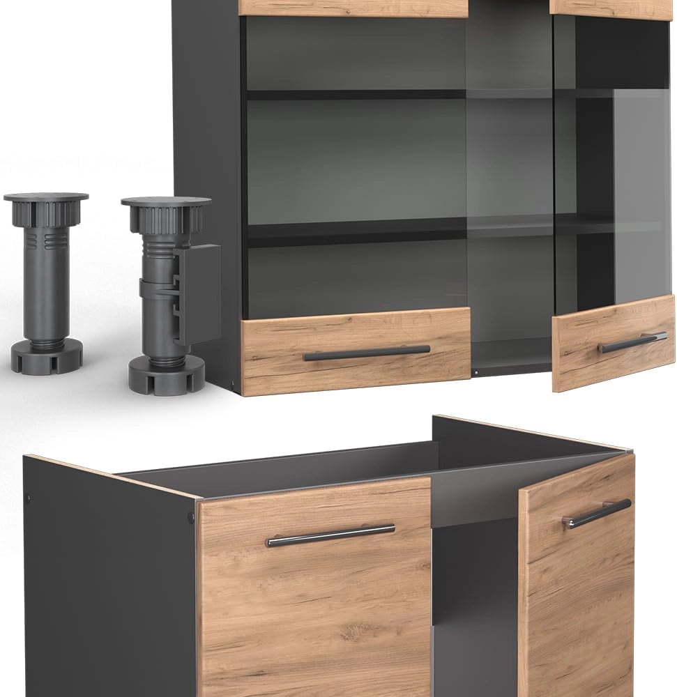 Cucina componibile Fame-Line, Quercia dorata/antracite, 240 cm senza piano di lavoro, adatto per l'espansione individuale con moduli aggiuntivi