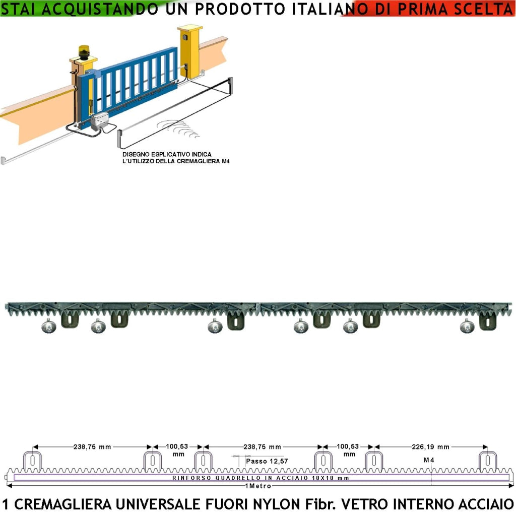 Cremagliera Antirumore Universale M4 da 1 Metro Denti in Nylon Antiusura Con Anima in Acciaio Portata Garantita 6 Q.li 6 Bulloni Collaudo 10 Q Ricambio Cancello Scorrevole Giunture a Coda di Rondine