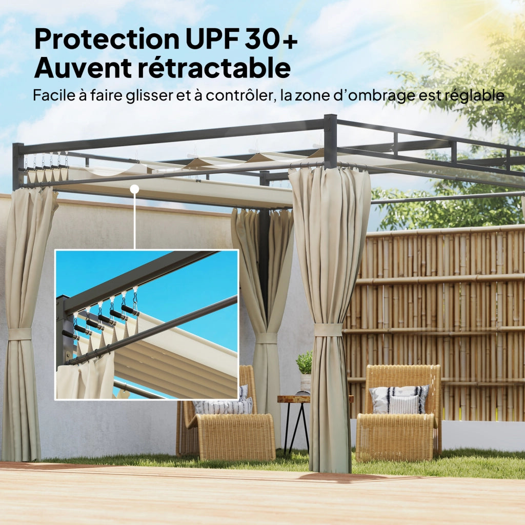 Pergola da Giardino con Tetto Retrattile e Tende ¨C zephmum ¨C Beige 3x3m