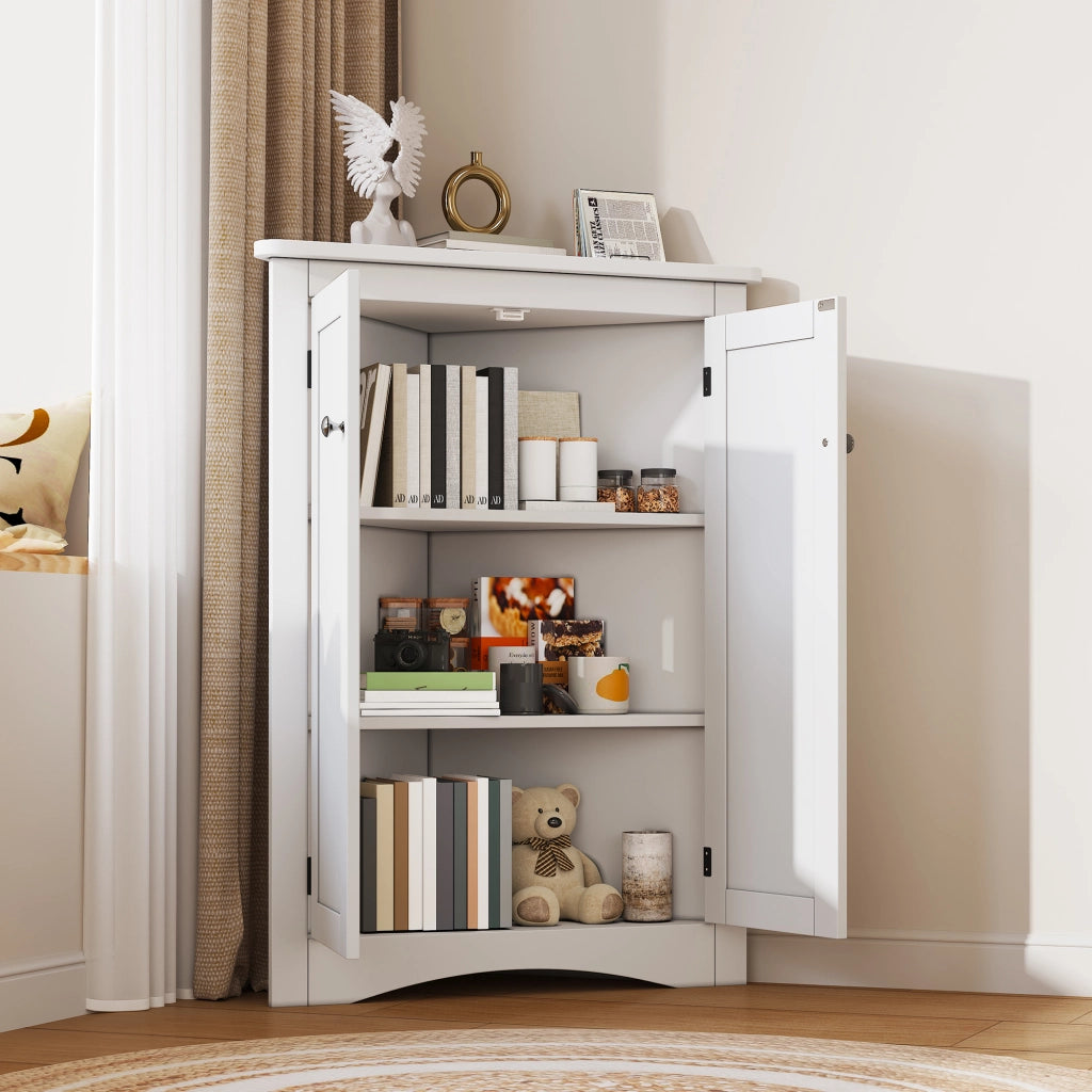 Mobile angolare da bagno con 2 ante e 2 ripiani; per bagno; in MDF; 61.5×80 cm; bianco