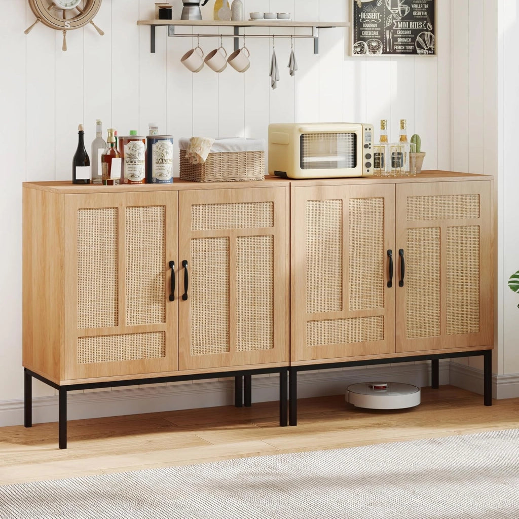 Credenza a buffet da cucina con 2 ante decorate in rattan, mensola regolabile in 3 posizioni, kit antiribaltamento, 80 x 38 x 81 cm, mobile per sala da pranzo, soggiorno (naturale)