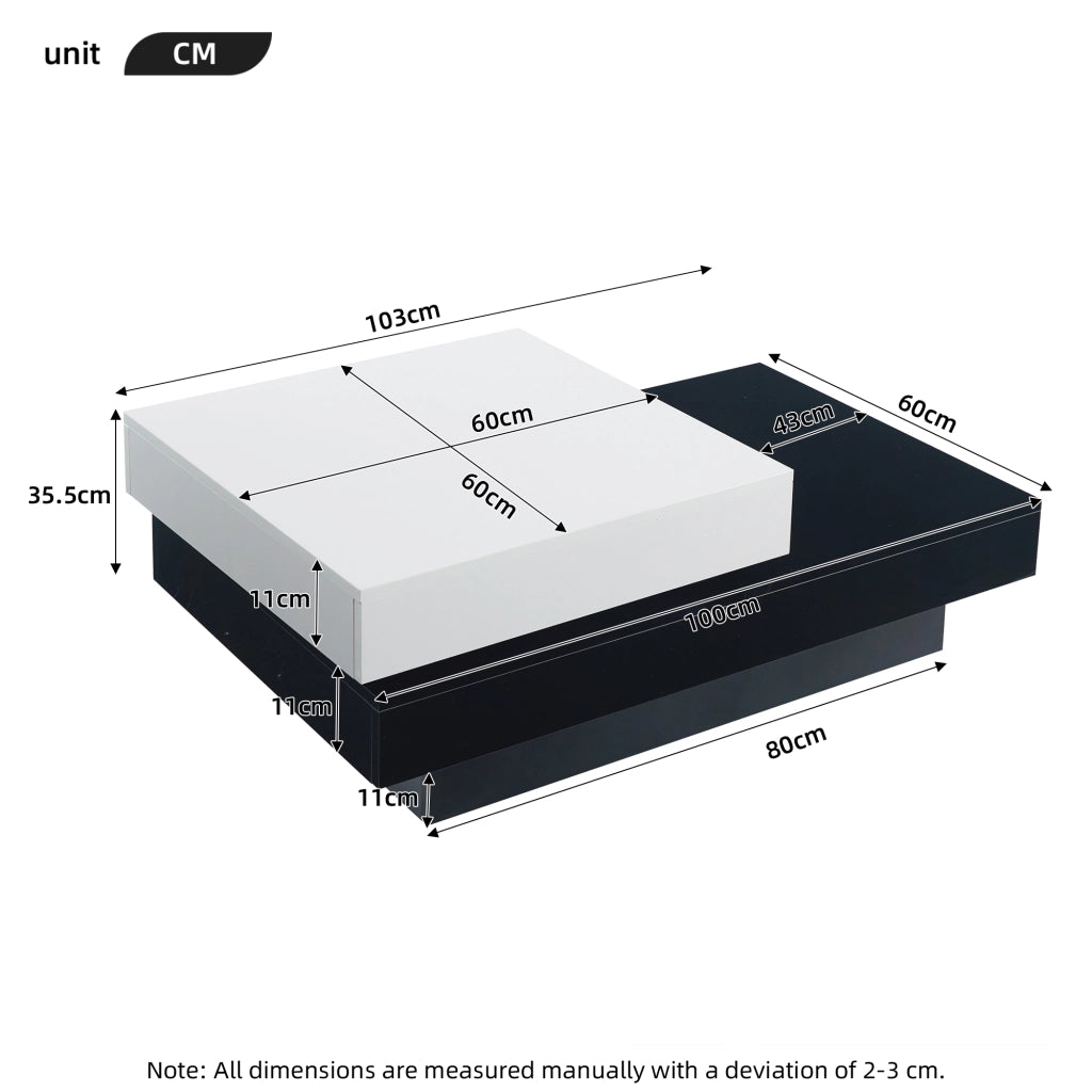 Tavolino da caffè girevole con 2 livelli e 2 vani aperti; piano lucido; per soggiorno; bianco e nero 103 × 60 × 35.5 cm