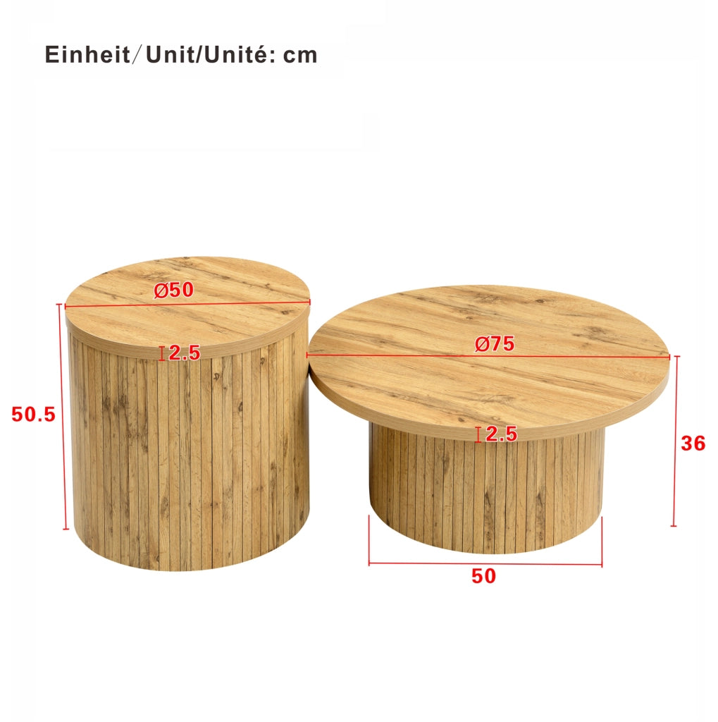 Set di tavolini da salotto rotondi 75x75x36 cm e 50x50x50.5 cm in MDF colore naturale