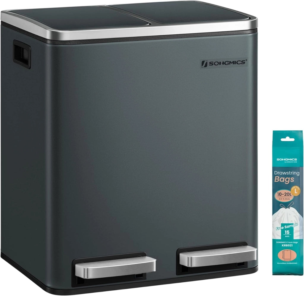 SONGMICS Cestino da Cucina, Doppio Secchio 2 x 15L per Raccolta Differenziata, Pattumiera a Pedale, Coperchi a Chiusura Morbida, Acciaio, Argento Metallizzato e Nero Inchiostro LTB30H