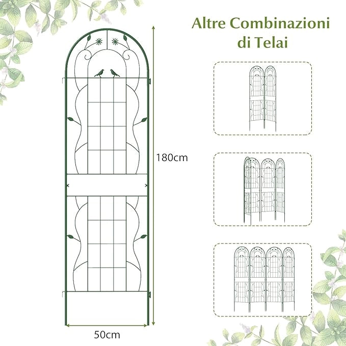 Traliccio da Giardino in Metallo 180 x 50 CM, 4 Pannello di Recinzione Antiruggine per Piante Rampicanti, Rose e Verdure, Decorazione Esterna per Giardino, Cortile, Patio (Verde)