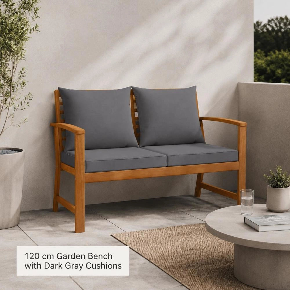 Garden Bench 120 Cm With Dark Grey Cushions, Solid Acacia Wood