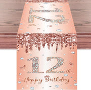 Tavolo da pranzo per il dodicesimo compleanno della bambina in rosa dorato, Happy dodicesimo compleanno, tovaglia da tavola per il dodicesimo compleanno, 180x35 cm