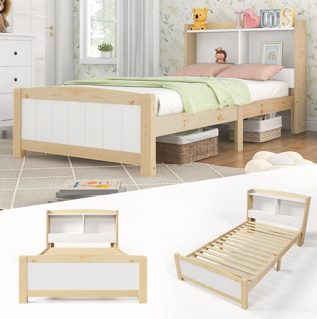 Letto singolo 90x200 cm con testiera contenitore; struttura in legno massiccio bianco; con materasso